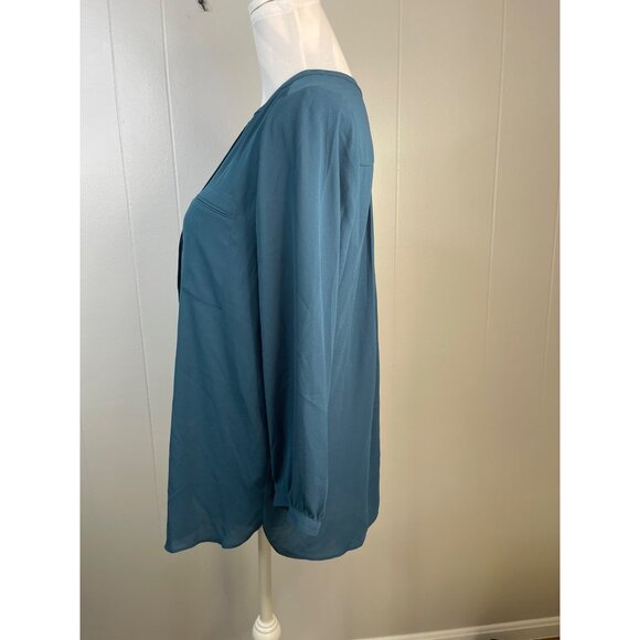 NYDJ Womens Blue Long-Sleeve Button-Front Blouse With Pleated Back & Pocket Deta - Picture 3 of 9